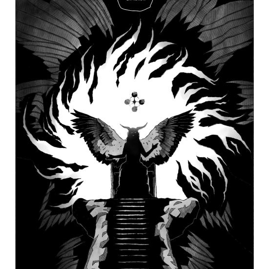 Illustration af Baphomet på sin trone fra tegneserien Mørkets Døtre 1