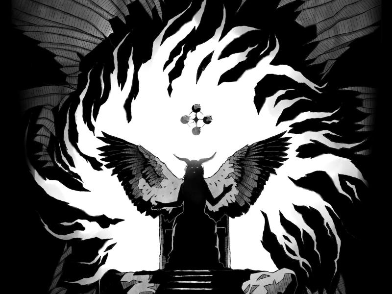 Illustration af Baphomet på sin trone fra tegneserien Mørkets Døtre 1