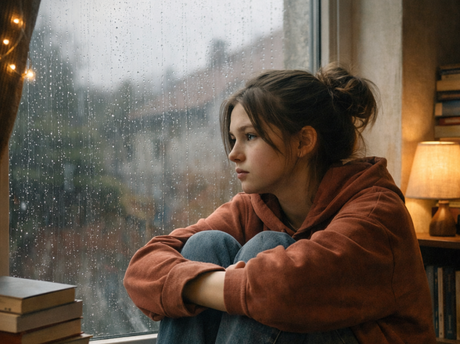 teenagepige kigger ud gennem vinduet, det regner udenfor